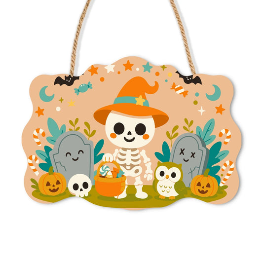 Paint by Numbers - Wooden Door Hanger | Little Skeleton with a Candy Bucket