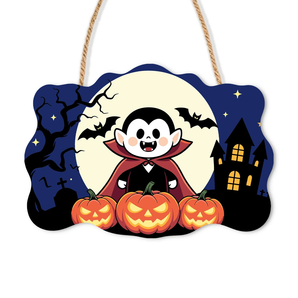 Paint by Numbers - Wooden Door Hanger | Little Vampire with Pumpkins