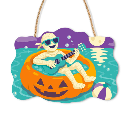 Paint by Numbers - Wooden Door Hanger | Mummy Playing Ukulele on a Pumpkin Float