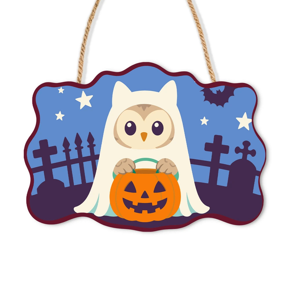 Paint by Numbers - Wooden Door Hanger | Owl Ghost with a Pumpkin