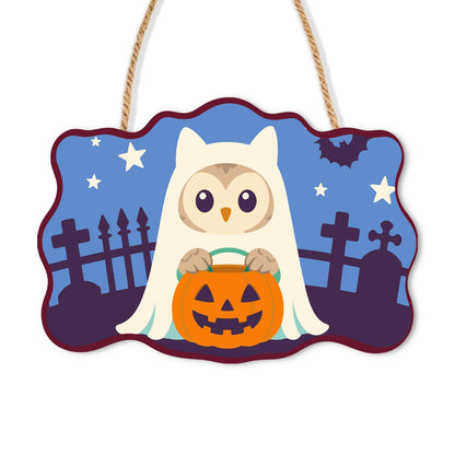 Paint by Numbers - Wooden Door Hanger | Owl Ghost with a Pumpkin