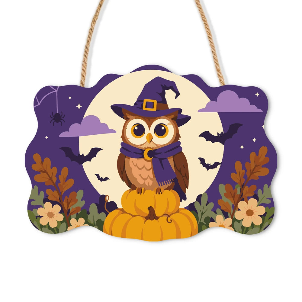 Paint by Numbers - Wooden Door Hanger | Owl in a Witch Hat in the Moon