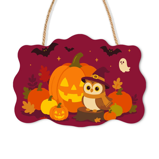 Paint by Numbers - Wooden Door Hanger | Owl in a Witch Hat with Pumpkins