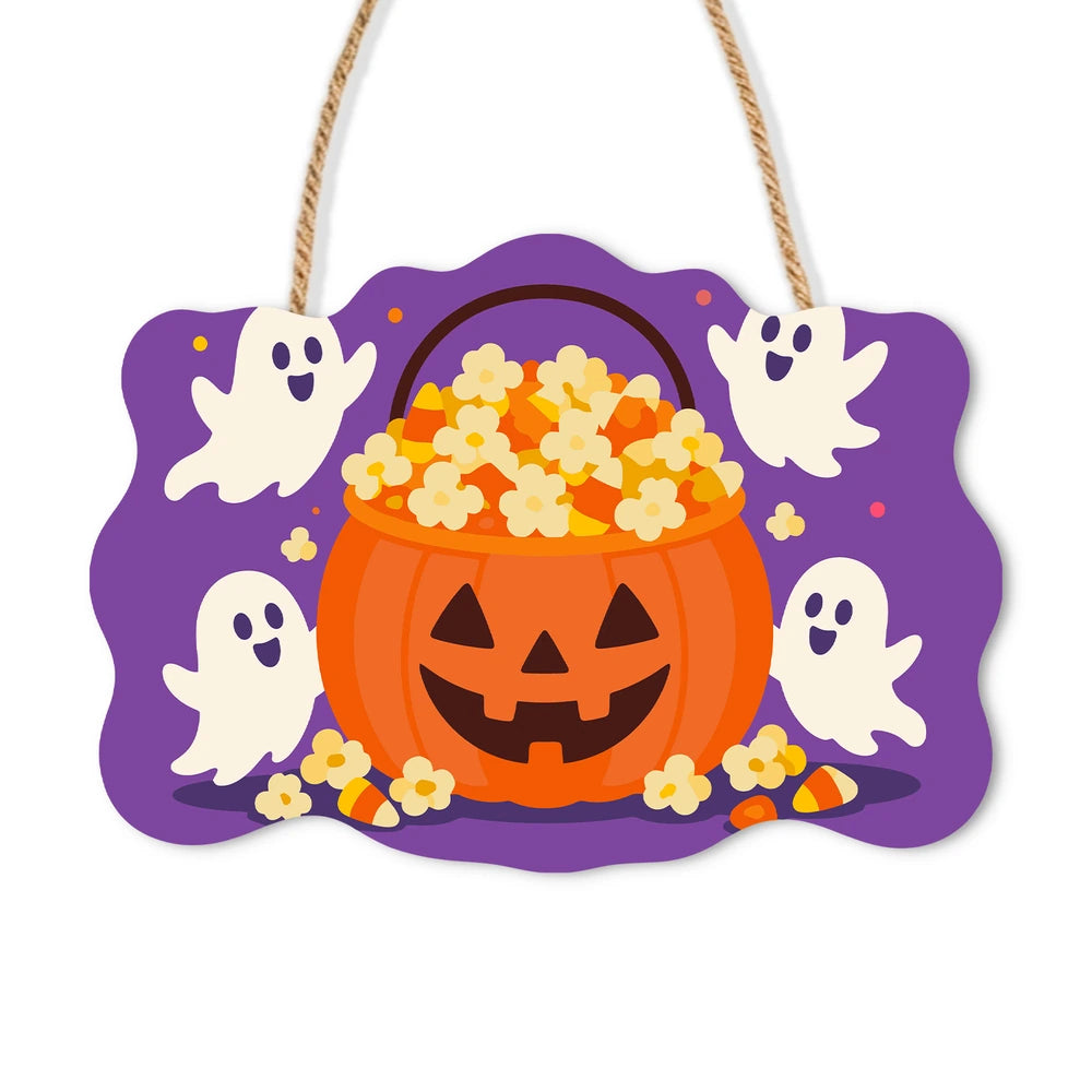 Paint by Numbers - Wooden Door Hanger | Popcorn Pumpkin Bucket with Ghosts