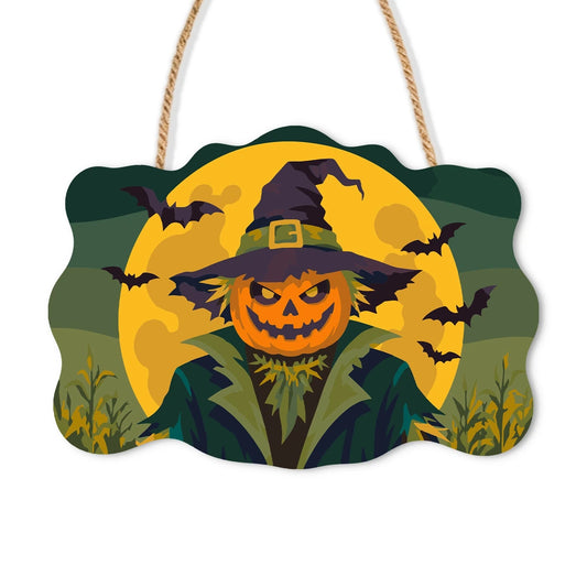Paint by Numbers - Wooden Door Hanger | Pumpkin Scarecrow in the Moonlight