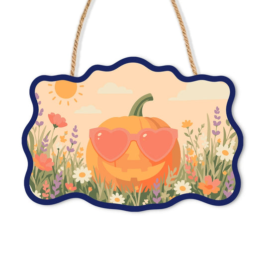 Paint by Numbers - Wooden Door Hanger | Pumpkin with Heart Sunglasses in the Meadow