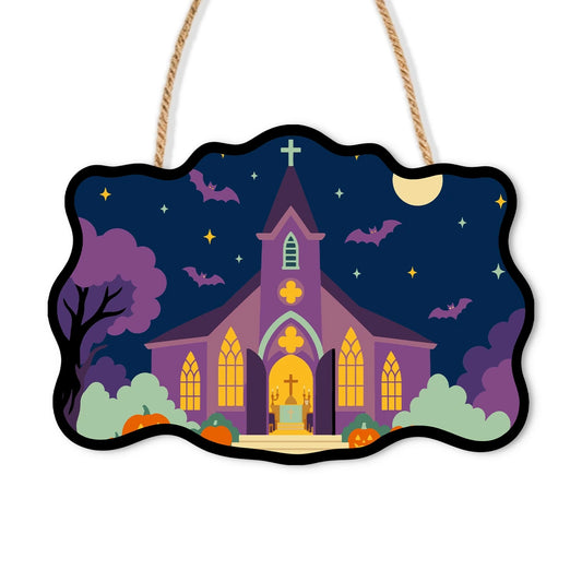 Paint by Numbers - Wooden Door Hanger | Purple Church on Halloween Night