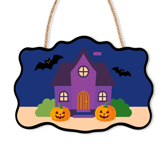 Paint by Numbers - Wooden Door Hanger | Purple Haunted House with Pumpkins