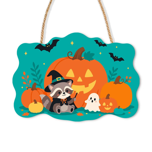 Paint by Numbers - Wooden Door Hanger | Raccoon Witch with Pumpkins