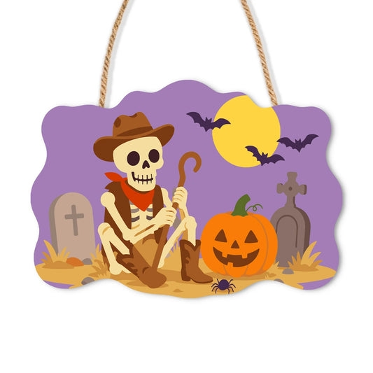Paint by Numbers - Wooden Door Hanger | Skeleton Cowboy in the Graveyard