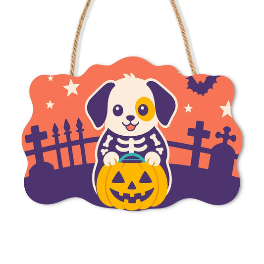 Paint by Numbers - Wooden Door Hanger | Skeleton Puppy with a Pumpkin