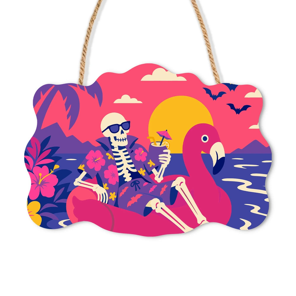 Paint by Numbers - Wooden Door Hanger | Skeleton on a Flamingo Float