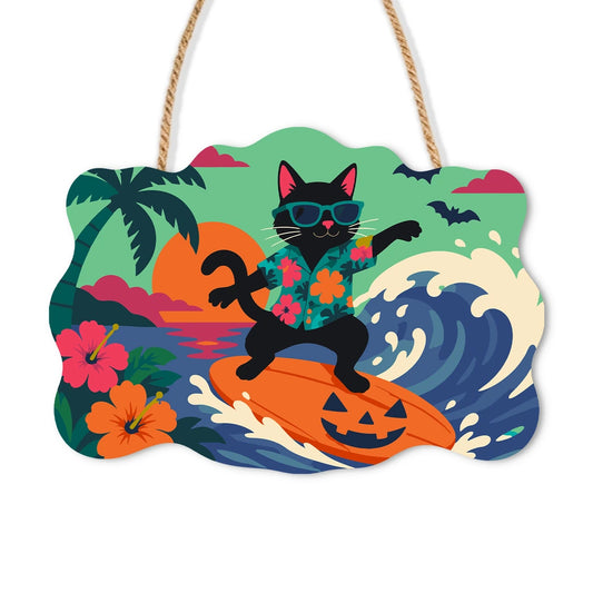 Paint by Numbers - Wooden Door Hanger | Surfing Black Cat in a Hawaiian Shirt