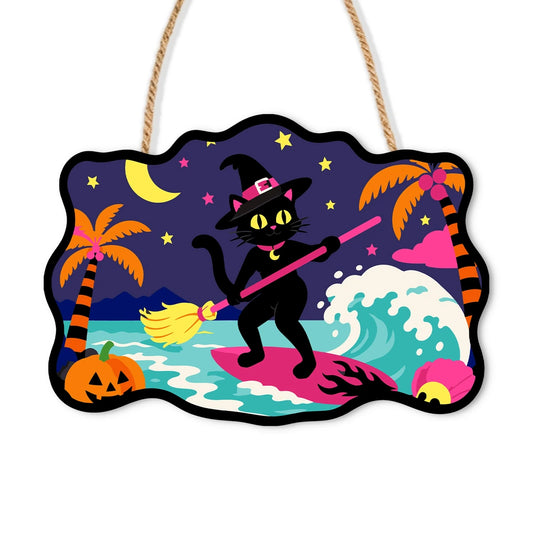 Paint by Numbers - Wooden Door Hanger | Surfing Black Cat on a Broom