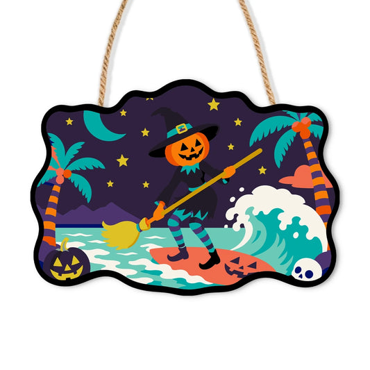 Paint by Numbers - Wooden Door Hanger | Surfing Pumpkin Head on a Broom