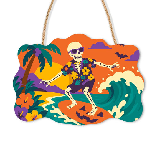 Paint by Numbers - Wooden Door Hanger | Surfing Skeleton in a Hawaiian Shirt