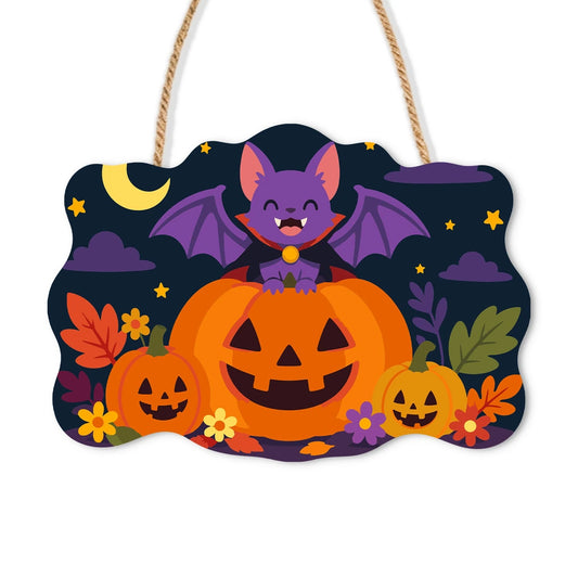 Paint by Numbers - Wooden Door Hanger | Vampire Bat on Jack-o'-Lanterns