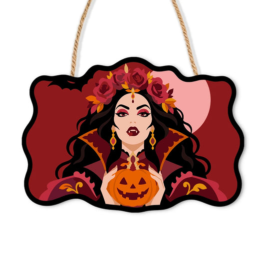 Paint by Numbers - Wooden Door Hanger | Vampire Queen with a Jack-o'-Lantern