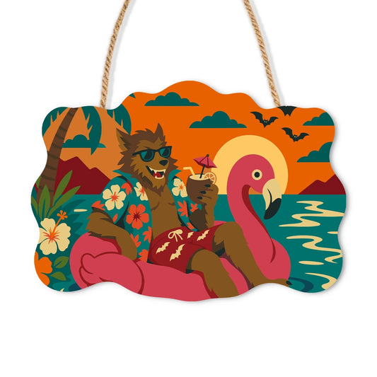 Paint by Numbers - Wooden Door Hanger | Werewolf on a Flamingo Float