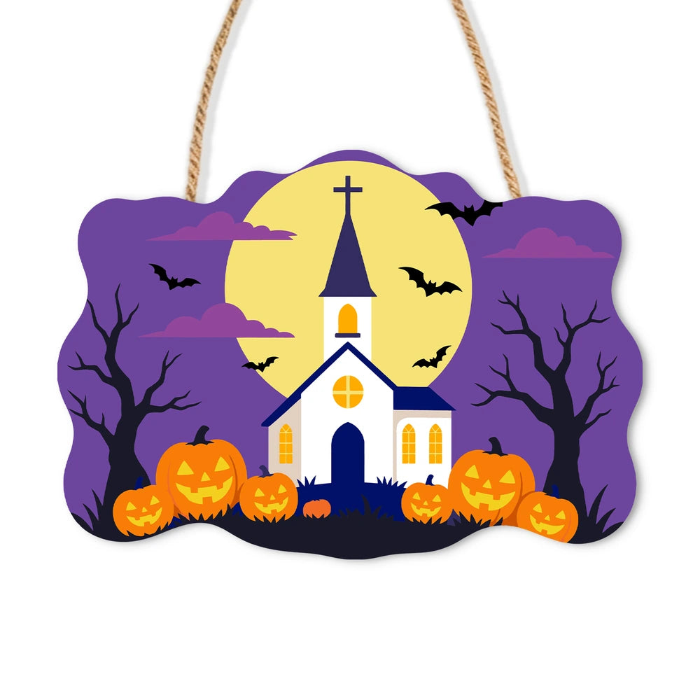Paint by Numbers - Wooden Door Hanger | White Church Under the Full Moon