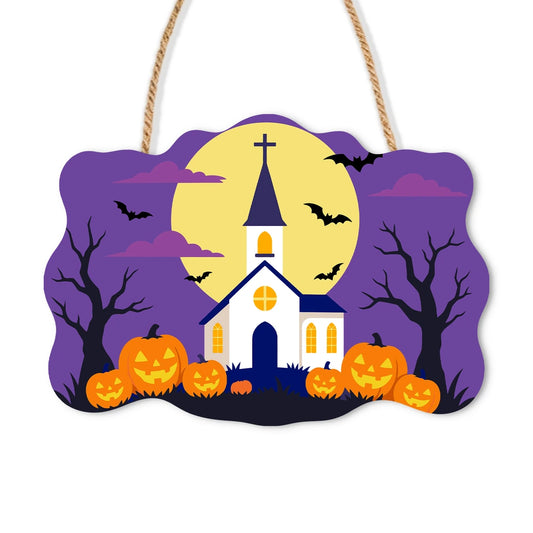 Paint by Numbers - Wooden Door Hanger | White Church Under the Full Moon