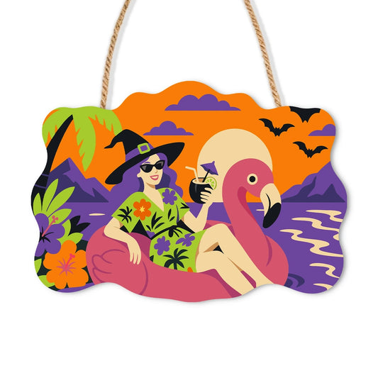 Paint by Numbers - Wooden Door Hanger | Witch on a Flamingo Float