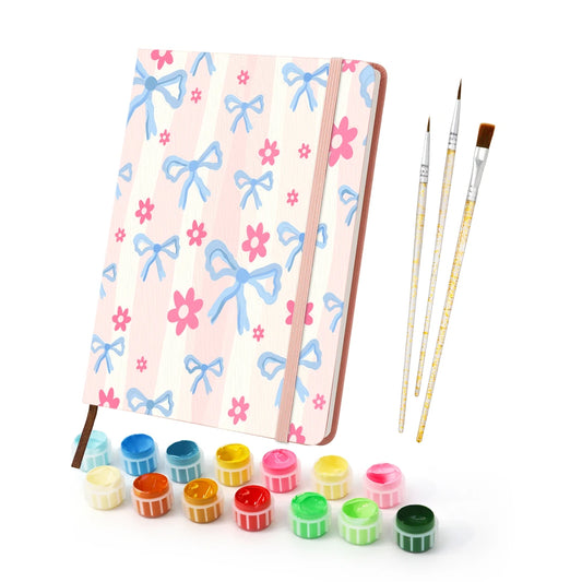 Paint by Numbers Hardcover Journal Notebook - Blue Bows on Pink Stripes