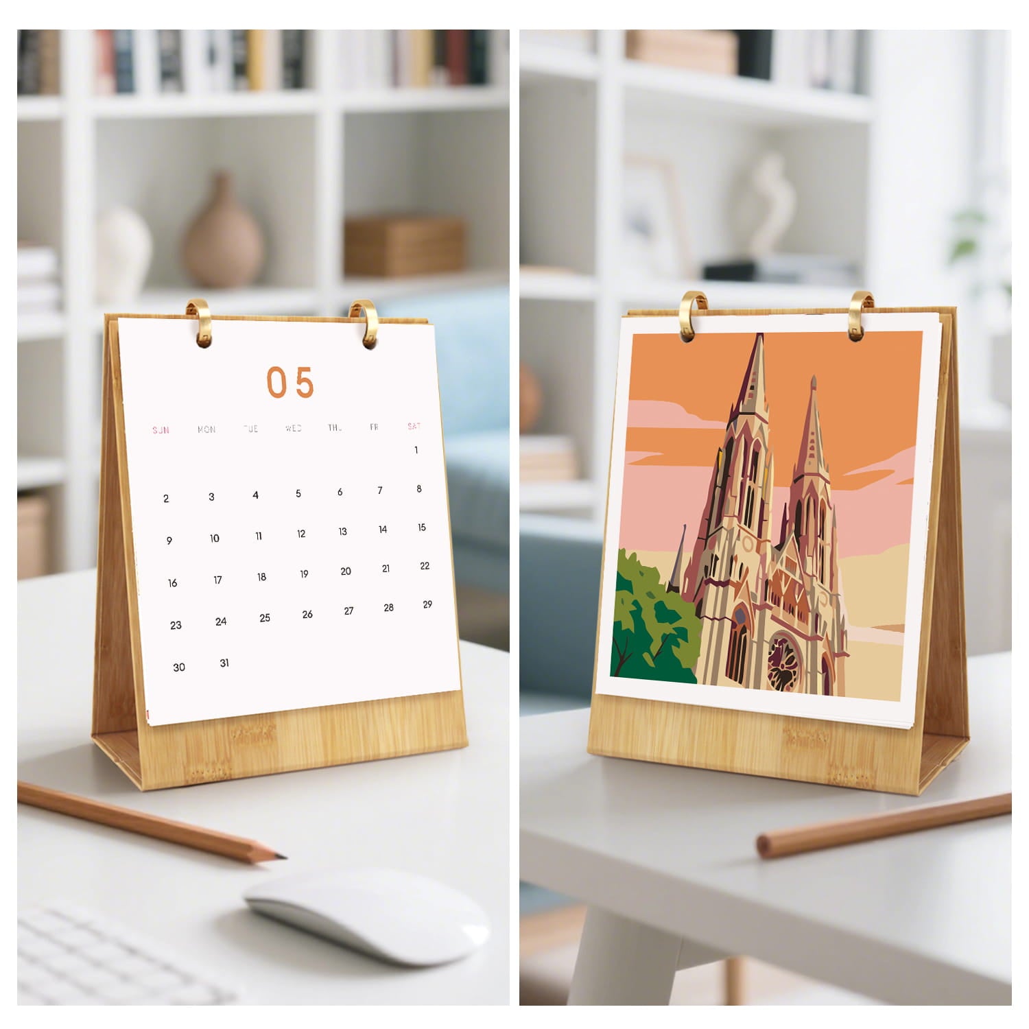A split-screen view of a bamboo desktop calendar stand. The left side shows the front cover with a white page displaying the 5th of the month and a gold ring at the top.