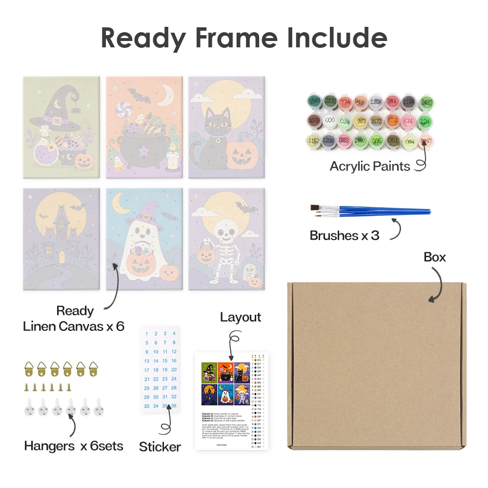 
Paint by Numbers – 6 Mini Paintings | Bright Halloween Night Scenes Set