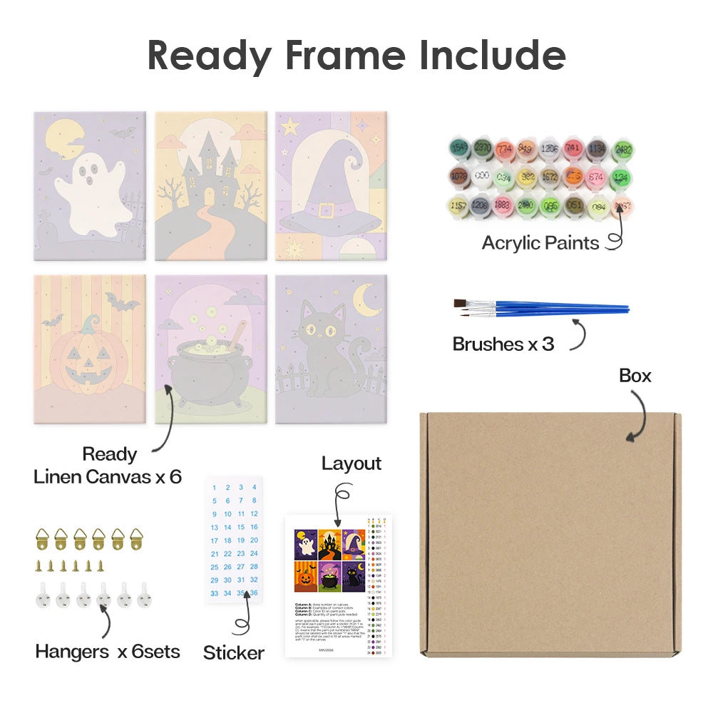 Paint by Numbers – 6 Mini Paintings | Classic Halloween Icons Set