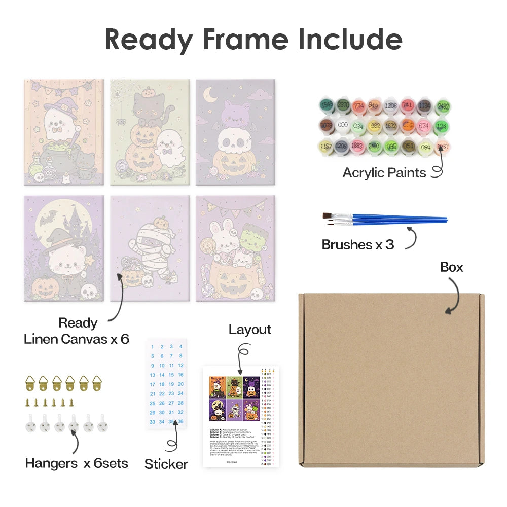 Paint by Numbers – 6 Mini Paintings | Cute Pastel Halloween Friends Set