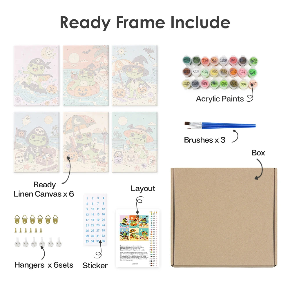 
Paint by Numbers – 6 Mini Paintings | Frogs on a Pirate Beach Holiday Set