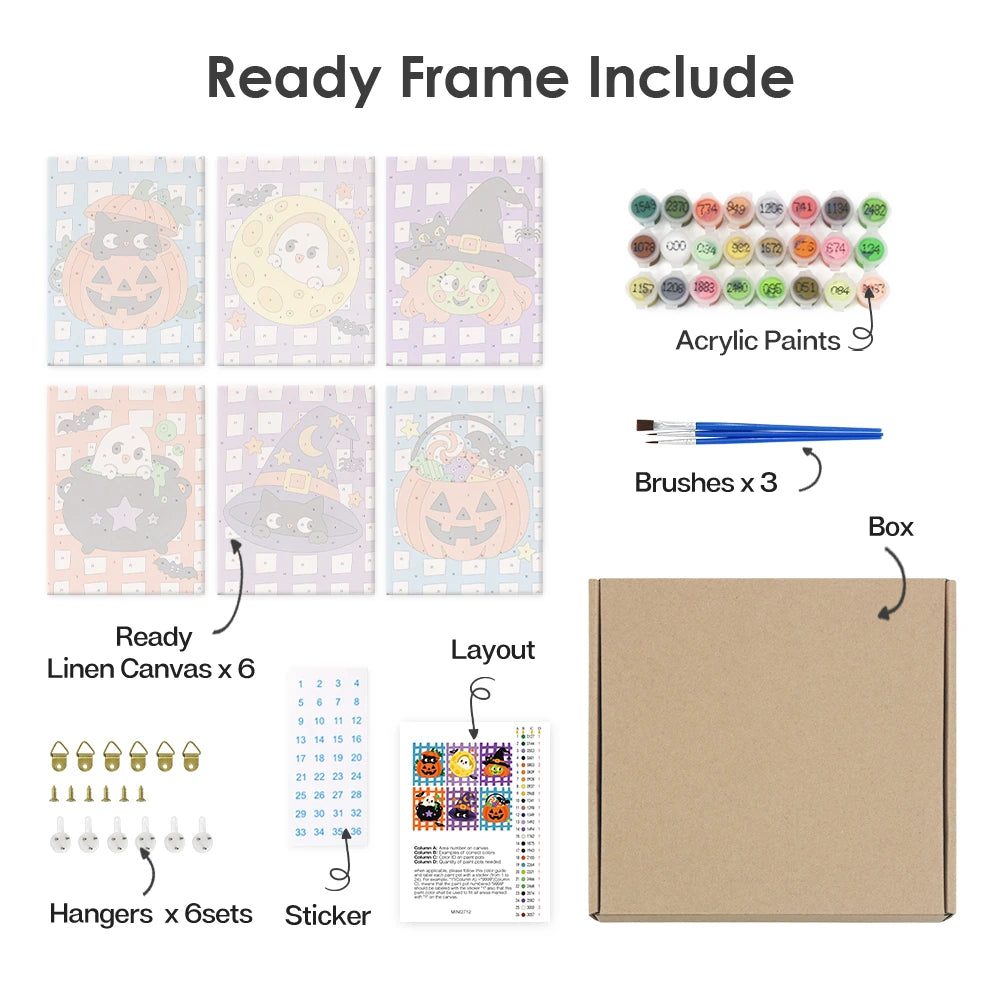 
Paint by Numbers – 6 Mini Paintings | Gingham Halloween Characters Set