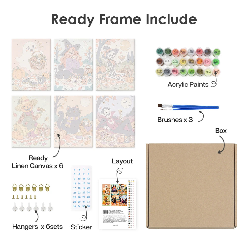 
Paint by Numbers – 6 Mini Paintings | Halloween Picnic in the Park Set