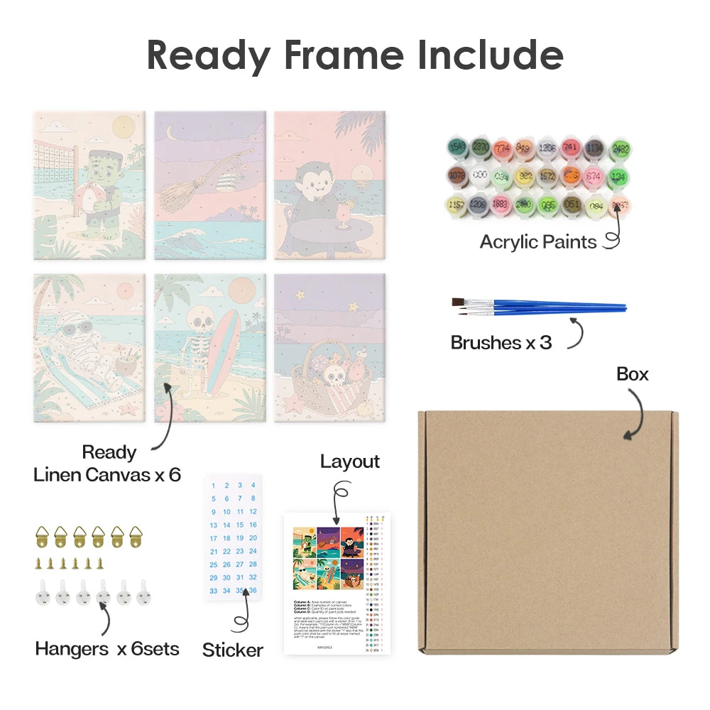 Paint by Numbers – 6 Mini Paintings | Monsters on Beach Vacation Set
