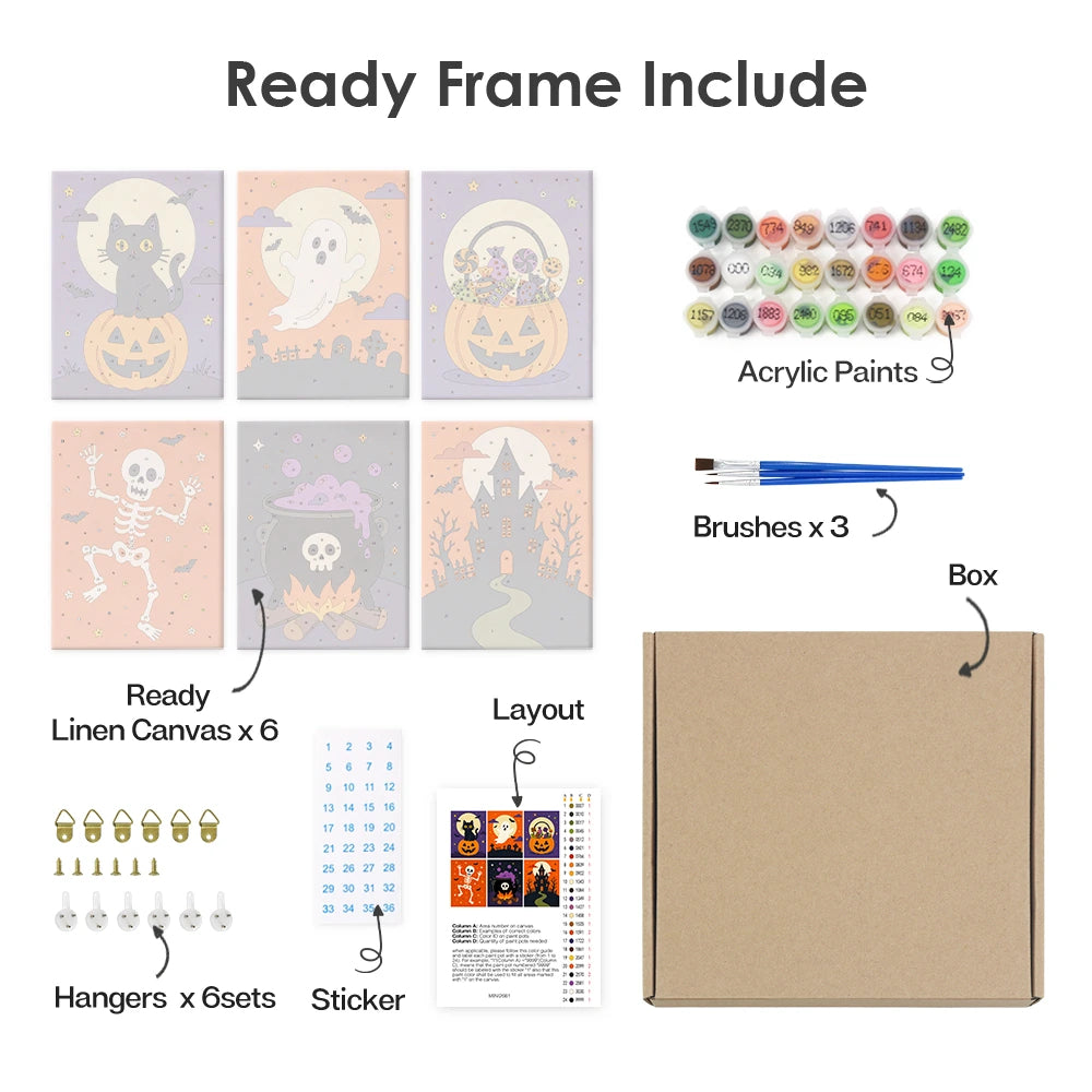 
Paint by Numbers – 6 Mini Paintings | Orange and Purple Halloween Night Set