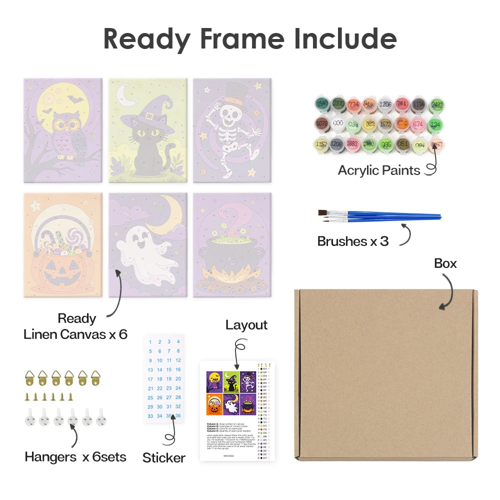 Paint by Numbers – 6 Mini Paintings | Owl, Cat and Dancing Skeleton Set