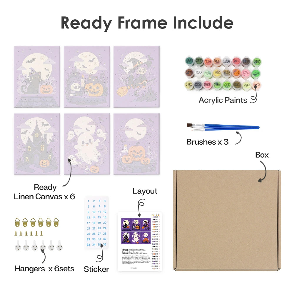 Paint by Numbers – 6 Mini Paintings | Purple Haunted Night Set