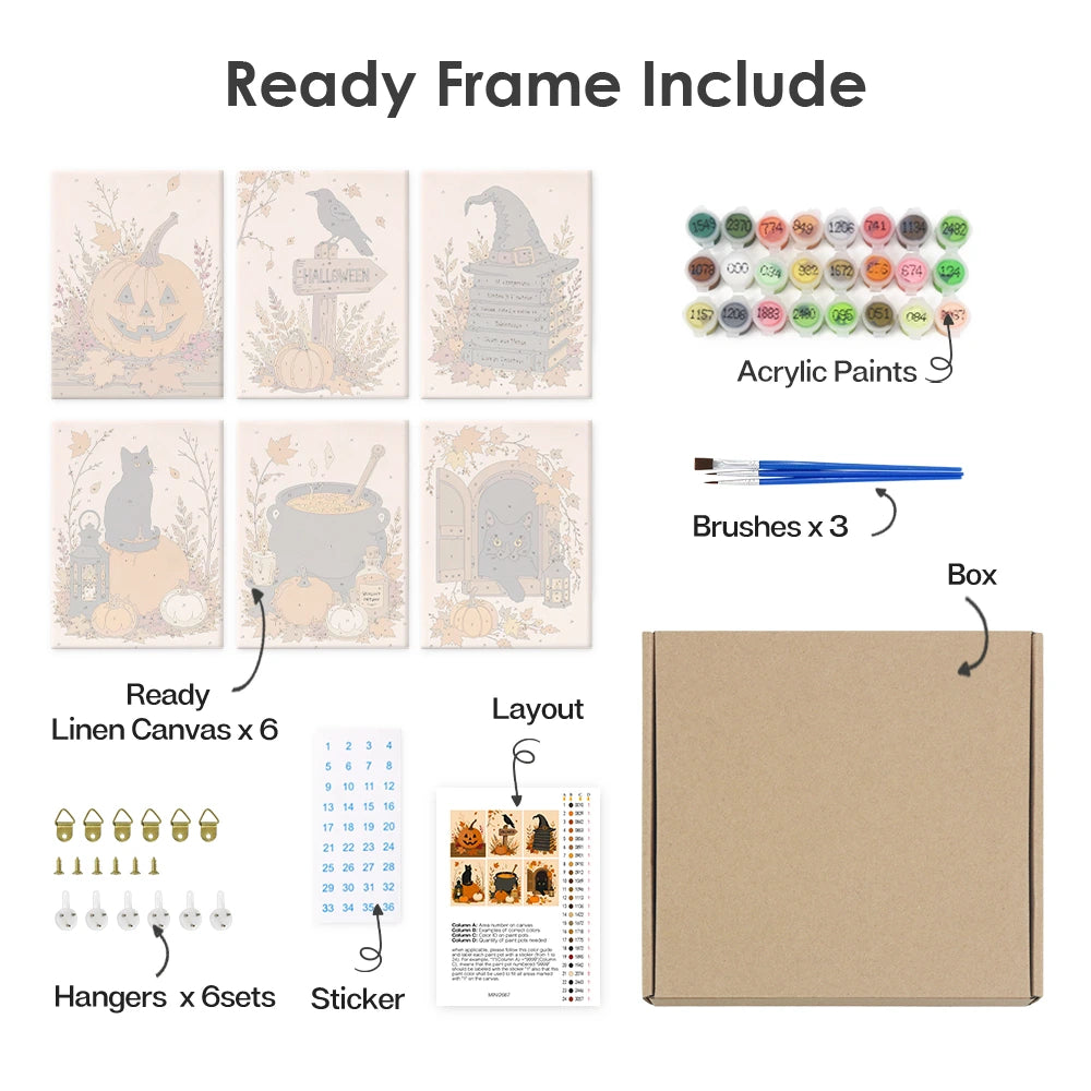 Paint by Numbers – 6 Mini Paintings | Rustic Autumn Halloween Set