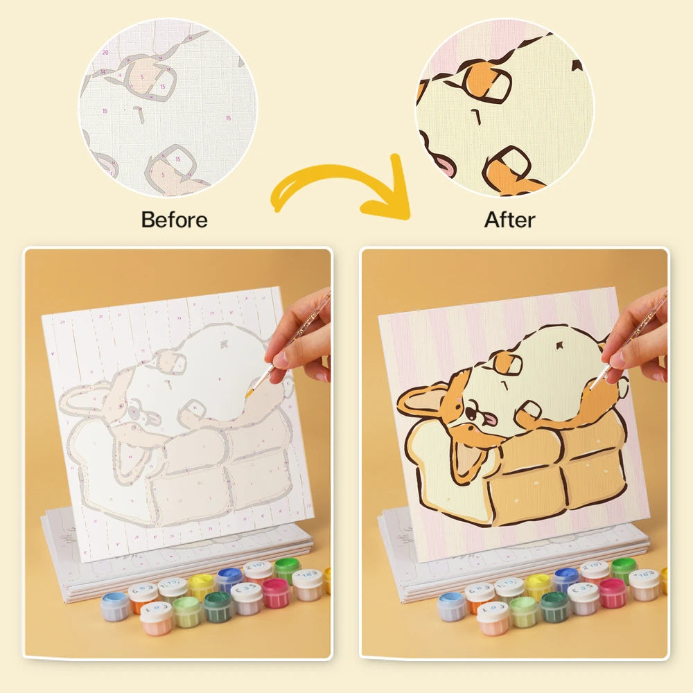 
Paint by Numbers – 6 Mini Paintings | Corgi Bread Bakery (Square)