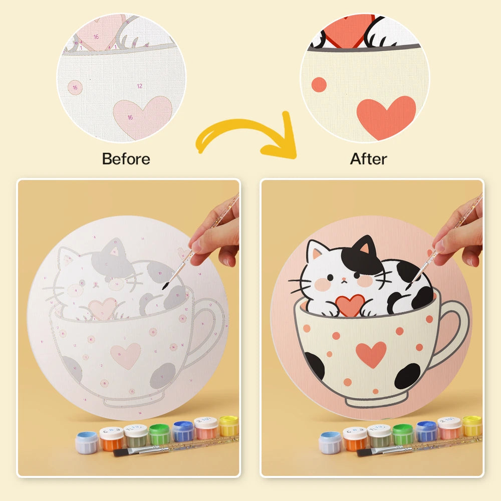Paint by Numbers – 6 Mini Paintings | Kittens in Teacups (Round)