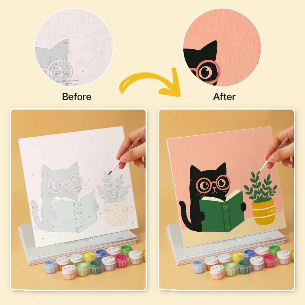 
Paint by Numbers – 6 Mini Paintings | Reading Cats with Books (Square)