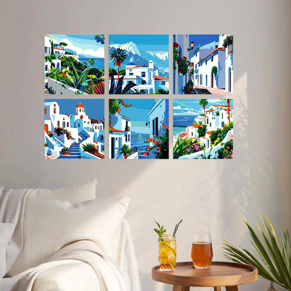 Paint by Numbers – 6 Mini Paintings | Greek Island Alleys (Square)