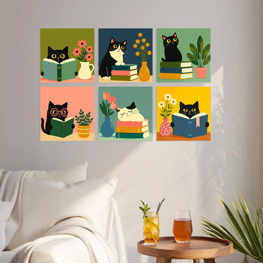 Paint by Numbers – 6 Mini Paintings | Reading Cats with Books (Square)