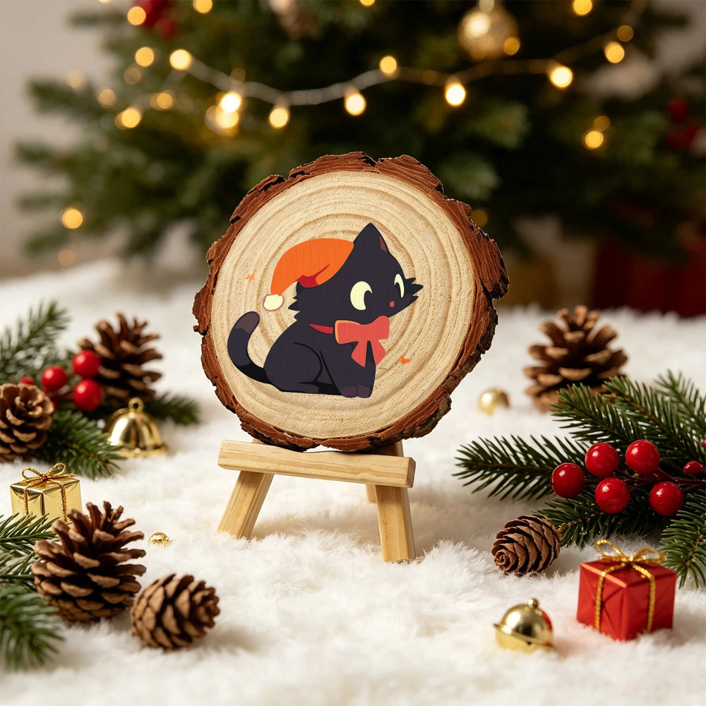 Paint by Numbers - Wood Slice | Black Cat with an Orange Hat