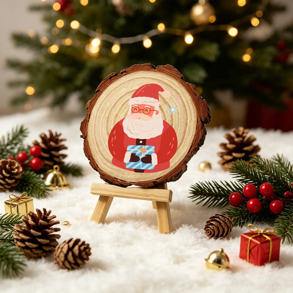 
Paint by Numbers - Wood Slice | Santa with a Blue Gift