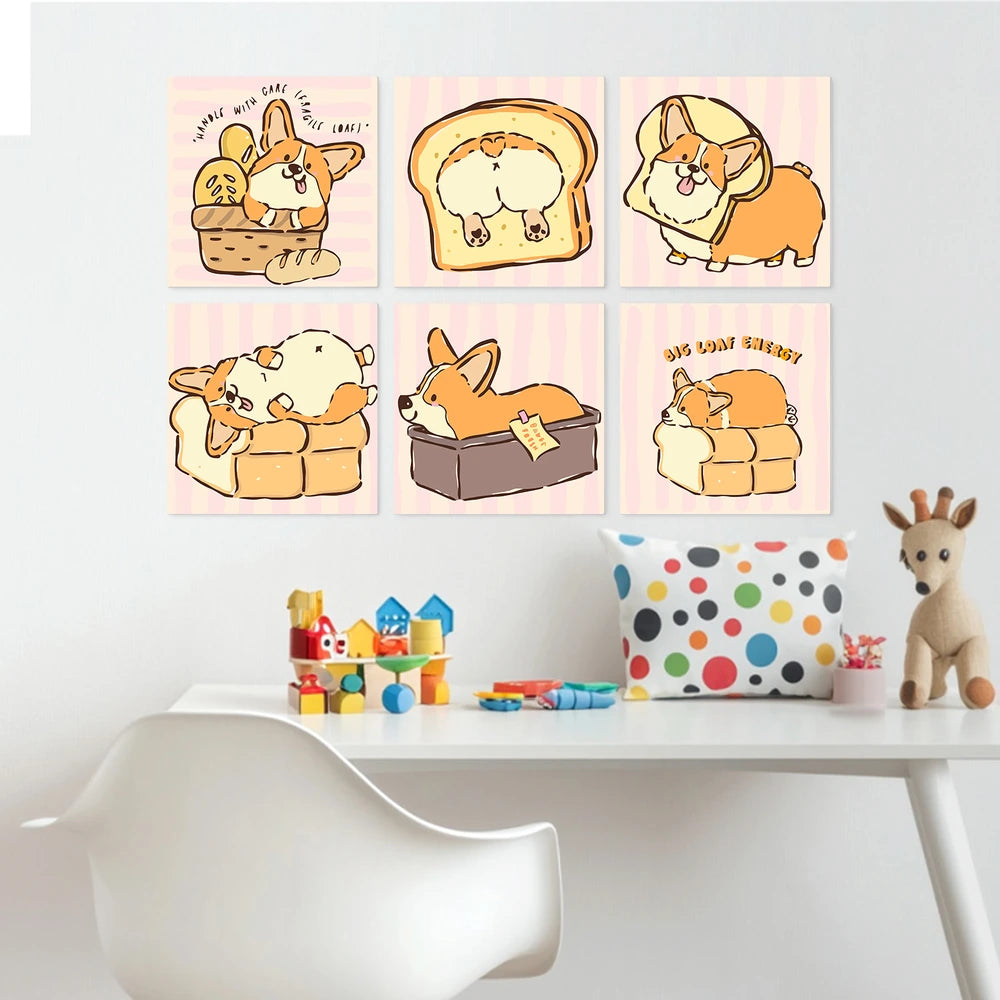 
Paint by Numbers – 6 Mini Paintings | Corgi Bread Bakery (Square)