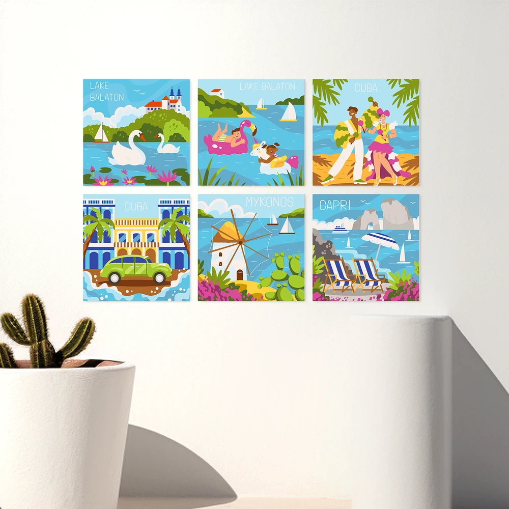 Paint by Numbers – 6 Mini Paintings | European Holiday Postcards (Square)