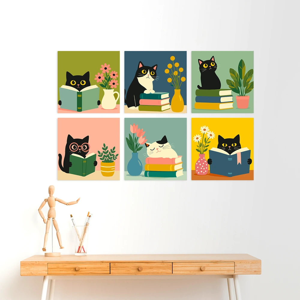 
Paint by Numbers – 6 Mini Paintings | Reading Cats with Books (Square)