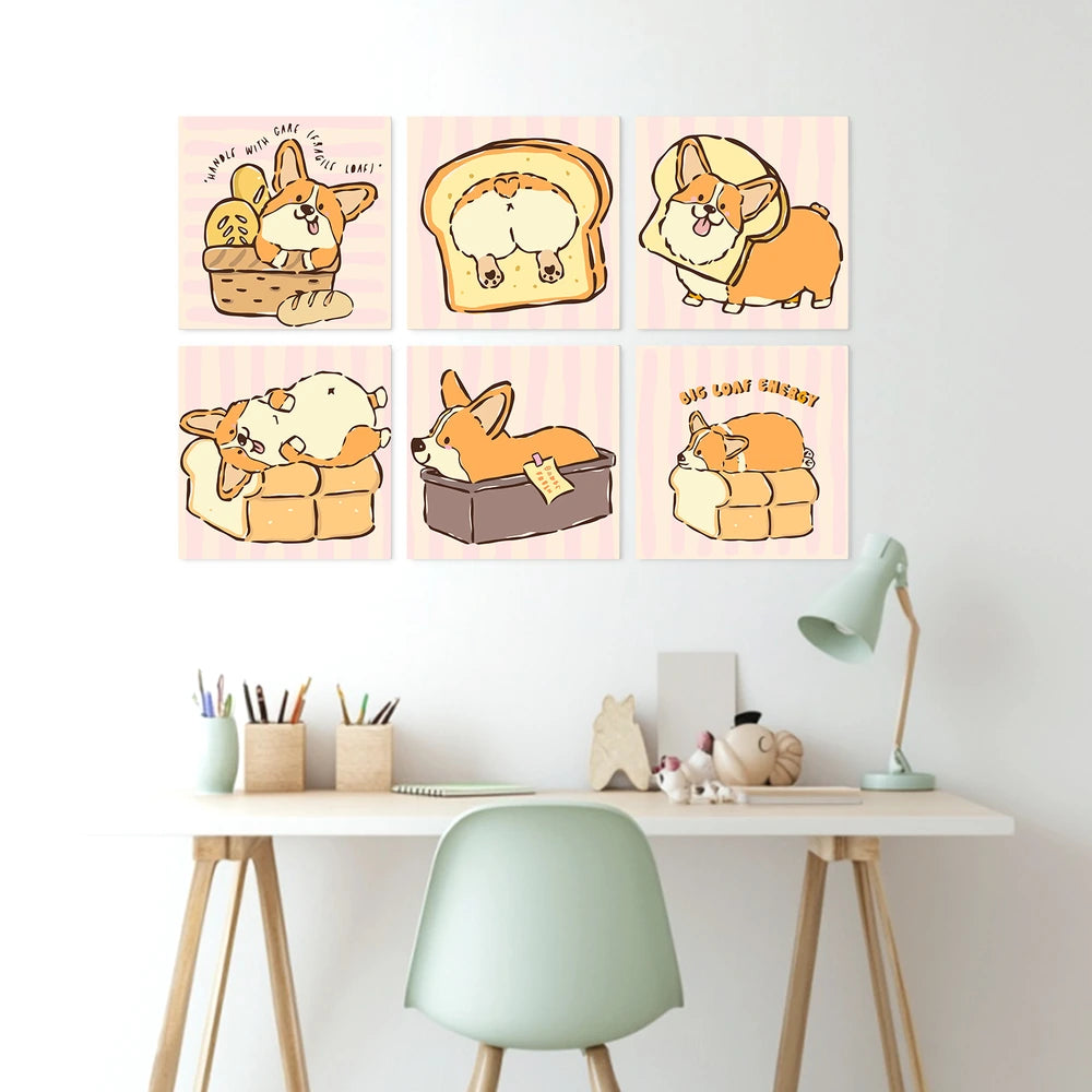 Paint by Numbers – 6 Mini Paintings | Corgi Bread Bakery (Square)